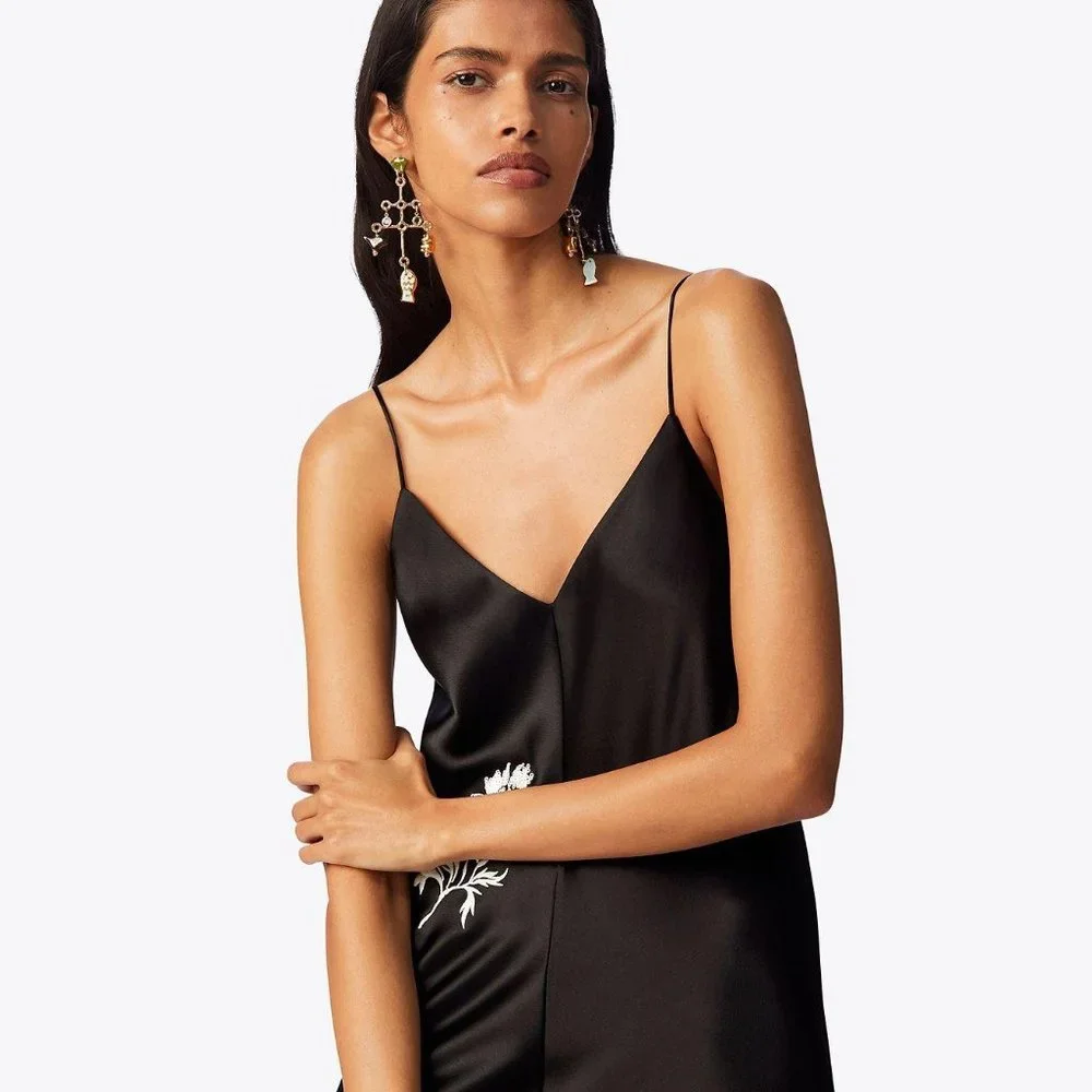 Tory Burch Satin Embroidered Slip Dress Tory Burch size 2 regular fits 4-6